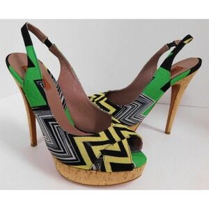 Missoni Multi Zig Zag Open Toe Cork Platform‎ Slingback Heels Italy 38.5